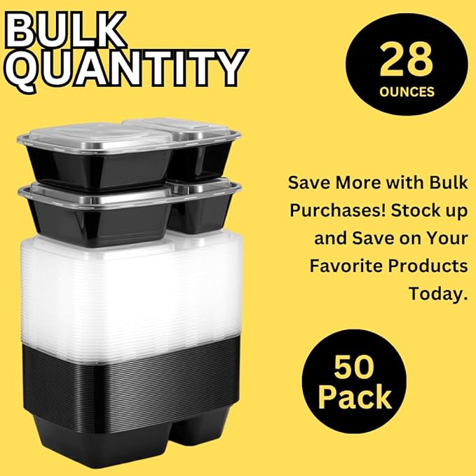 Meal Prep Containers 2‑Compartment 28 oz – 50‑Pack BPA‑Free Plastic Lunch Boxes – Microwave, Dishwasher & Freezer Safe – Airtight, Stackable Food Storage