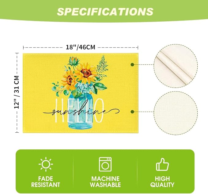Bloss Yellow Hello Sunshine Sunflower Summer Placemats Set of 4, 12 x 18 Inch Spring Seasonal Holiday Decoration Rustic Vintage Washable Table Mats, Placemats for Dining Table