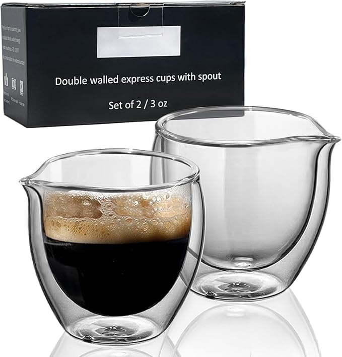 Double Walled Glasses Espresso Cups with Spouts set of 2, 3oz Clear Short Espresso Mugs, Insulated and No Condensation