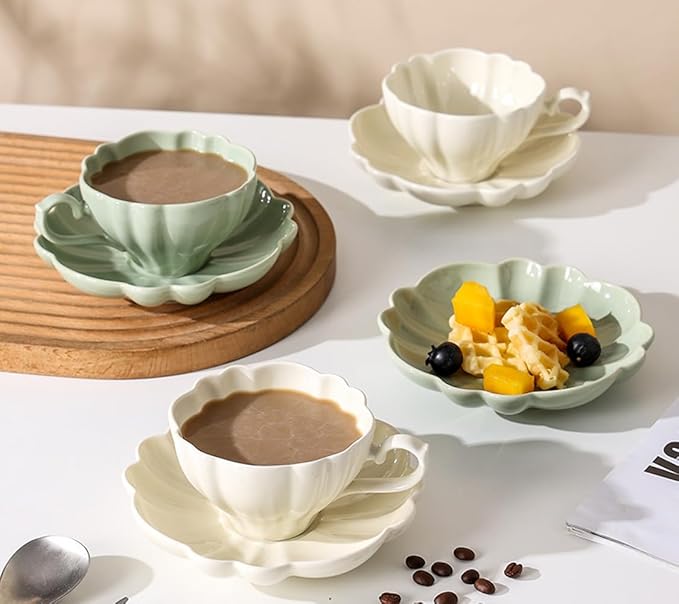 Flower Shaped Ceramic Coffee Cup Teacup with Saucer, Set of 2-Green