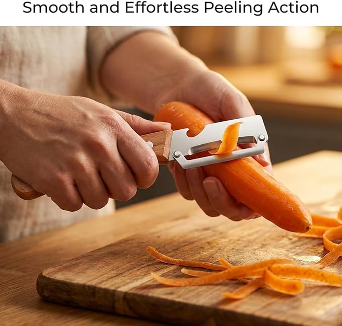 2 Pack Multifunctional Vegetable Peeler, With Wooden Handle and Bottle Opene, Stainless Steel Blade with Ergonomic Wooden Handle, Non-Slip Fruit & Potato Peeler for Kitchen Use