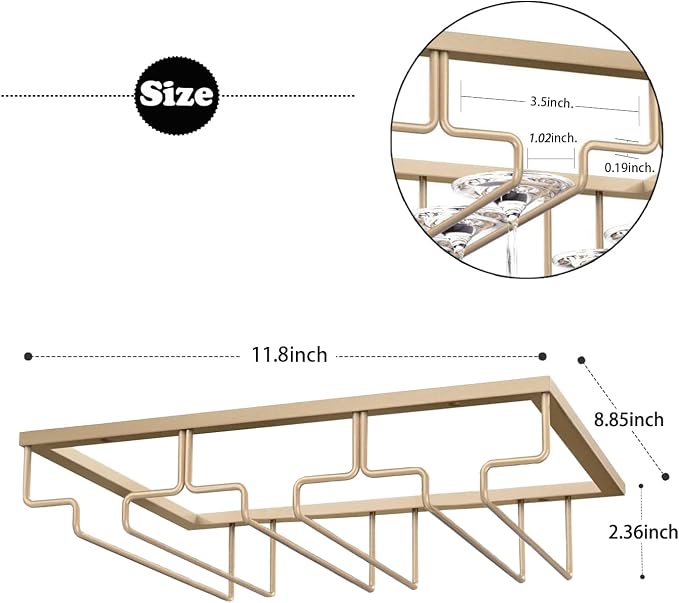 Wine Glass Rack - Under Cabinet Stemware Wine Glass Holder - Wine Glasses Storage Hanger Metal Organizer for Cabinet Kitchen Bar (Champagne Gold, 3 Rows 1 Pack)