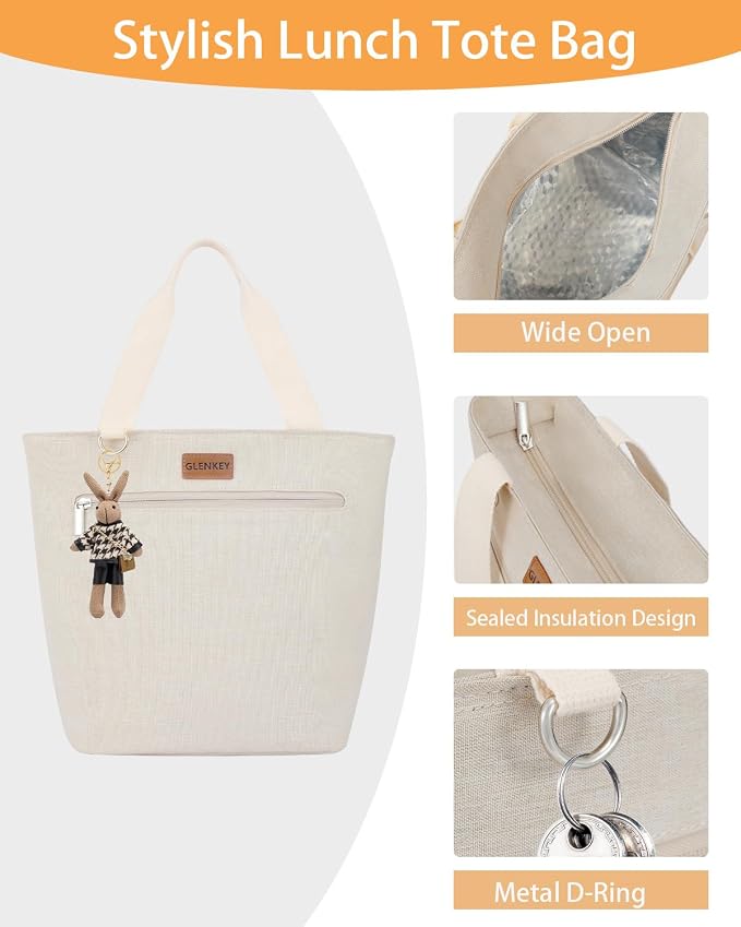 GLENKEY Insulated Lunch Bag Tote Lunch Box - XLarge Leakproof Cooler Bags for Adults - Soft Lunchbox for Women Work Shift Outdoor Travel Beige 14L