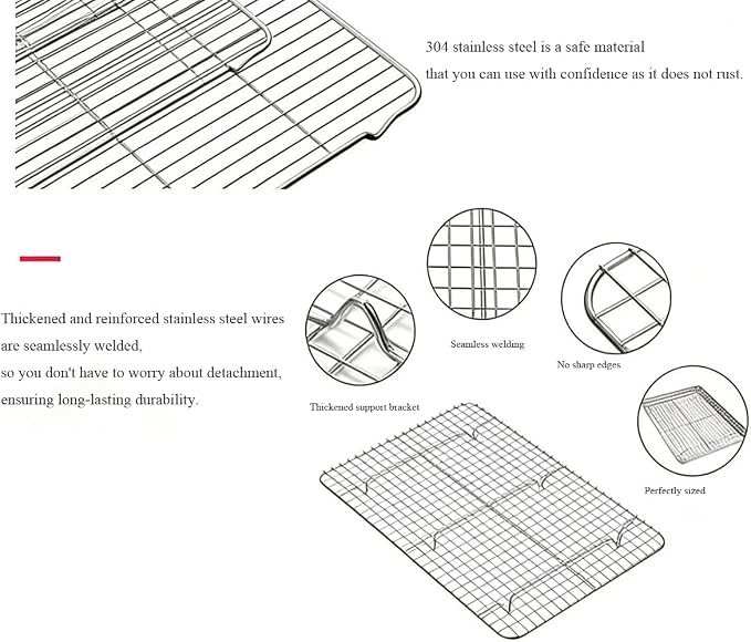 304 Stainless Steel Cooling Rack, Flat Baking Rack for Bread, Roasting, Grilling & More – Dishwasher Safe (Grid Pattern,25×19 cm (9.8×7.5"))