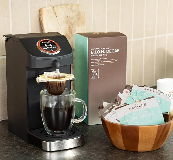 EcoPour B.I.O.N. Coffee, Single Serve Pour Over Decaffeinated Coffee, for Camping or Traveling, Pre Filled Compostable, All Paper Filters, Ready to Brew with Hot Water, 20 Pack