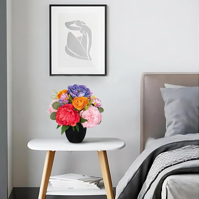Briful Artificial Peonies Flower in Modern Black Pot, Farmhouse Table Floral Arrangements, Fake Spring Flower Centerpieces with Rose&Berries for Home Indoor Office Living Room Kitchen Decor