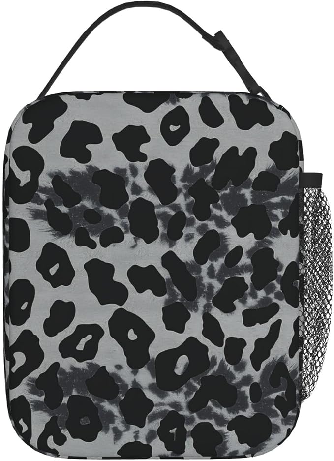 Reusable Leopard Print Lunch Box for Kids Girls Boys Women Adult, Insulated Cheetah Lunch Bag,Polyester Cooler Handbags Case for School Picnic Work Travel Beach or Hiking (Black and Gray)