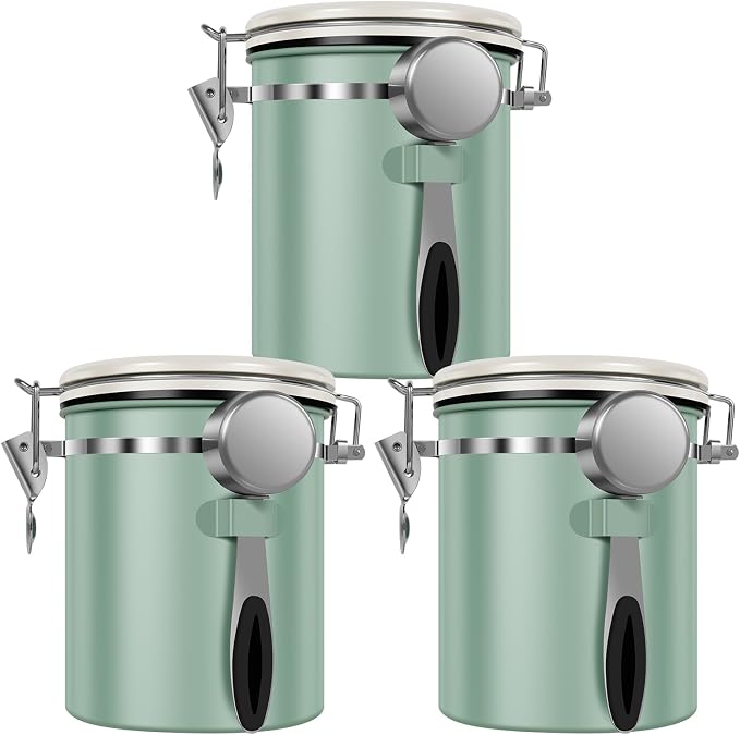 3PCS Coffee Storage Canister,1.5L 51OZ Double Airtight Coffee Beans Container with Date Locator,304 Stainless Steel Kitchen Food Storage Container with Spoon,for Coffee Beans Grounds Tea Sugar