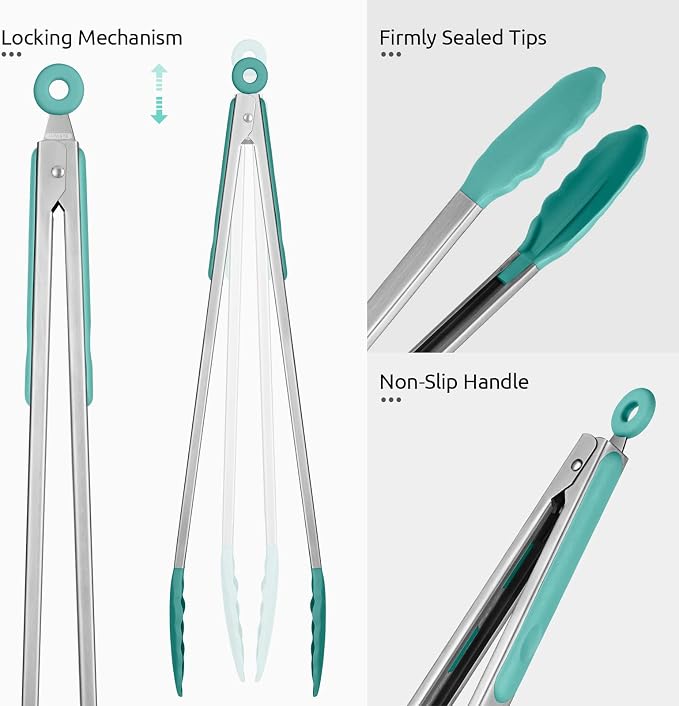 600ºF Heat Resistant Kitchen Tongs: U-Taste 16 in Extra Long Large Silicone Cooking Tong with Sturdy Non Stick Rubber Tips & Non Slip Silicon Coated 18/8 Stainless Steel Handle for Grill BBQ(Aqua Sky)