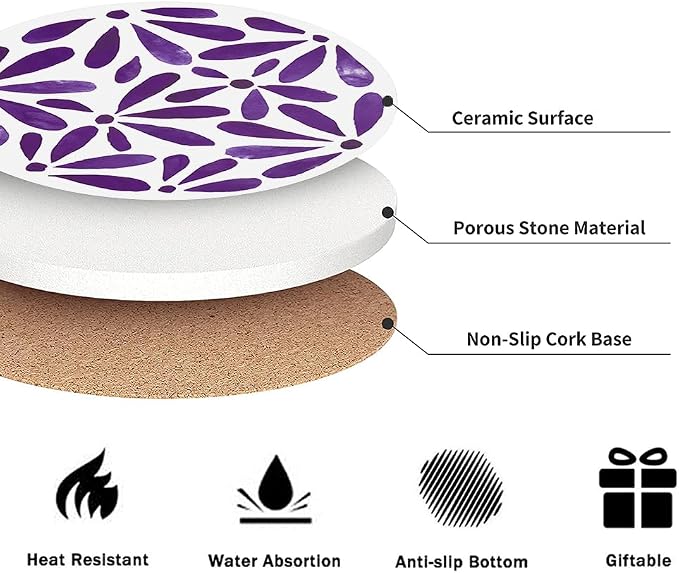 Drink Absorbent Coasters with Holder Set of 6, Ceramic Stone with Cork Base, Modern Purple Abstract Geometric Coaster for Drinks, Gift for Housewarming Room Bar Home Decor Kitchen
