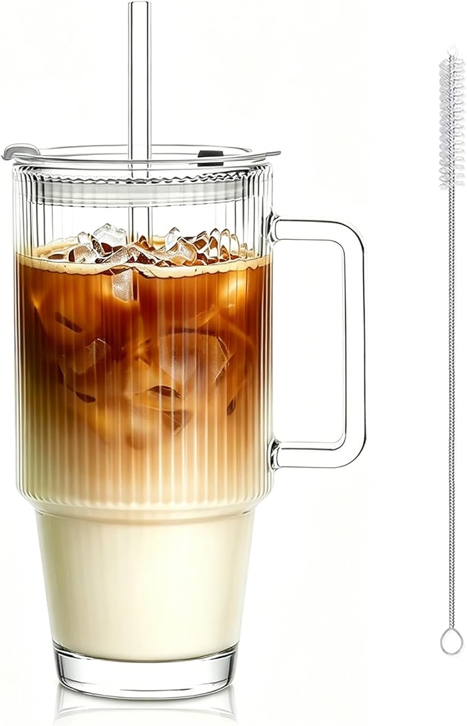 KEMORELA 24 Oz Ribbed Glass Tumblers with Lids and Straws, Tumbler Cup with Handle, Iced Coffee Glassware, Clear Reusable Drinkware for Smoothies and Beverages (1)