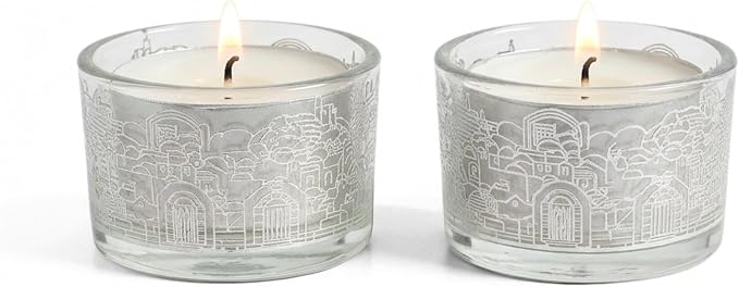 SURI Jerusalem Design Glass Shabbat Tea Light Candle Holder Set of 2 – Modern Judaica Home Décor