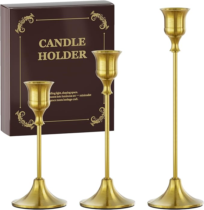 FSyueyun Brass Candlestick Holders Set of 3, Elegant Metal Candlestick Holders for Vintage Taper Candle Holders, Perfect for Table Centerpieces, Fireplace, Home Decor, Weddings and Party Decorations