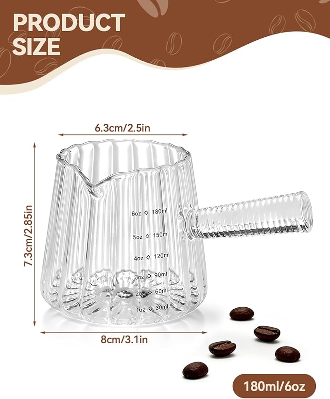 2 PCS Espresso Measuring Cup 6 Oz, Espresso Glass Cups with Glass Handle, Milk Frothing Cup, Espresso Cup for Coffee, Milk, Tea or Maple Syrup Serving (Pure Transparent Color)