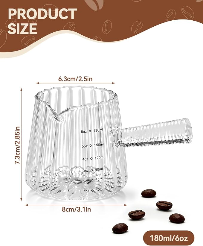 6OZ Glass Measuring Cup - 180ml Borosilicate Glass Espresso Shot Glass with Glass Handle, V-Shaped Spout for Milk Frothing, Espresso Accessories for Machine, Dishwasher Safe