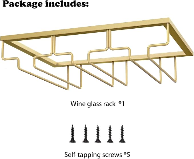 Wine Glass Rack, Under Cabinet Stemware Wine Glass Holder, Wine Glasses Storage Hanger Metal Organizer for Cabinet Kitchen Bar (Gold, 3 Rows 1 Pack)
