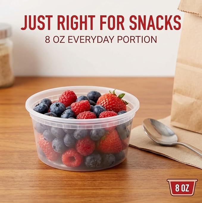 Mr Miracle 8OZ Deli Containers with Lids - 48 Pack of 8 oz Clear Airtight Reusable Plastic Food and Multi-Purpose Deli Containers - Microwave, Freezer, and Dishwasher Safe