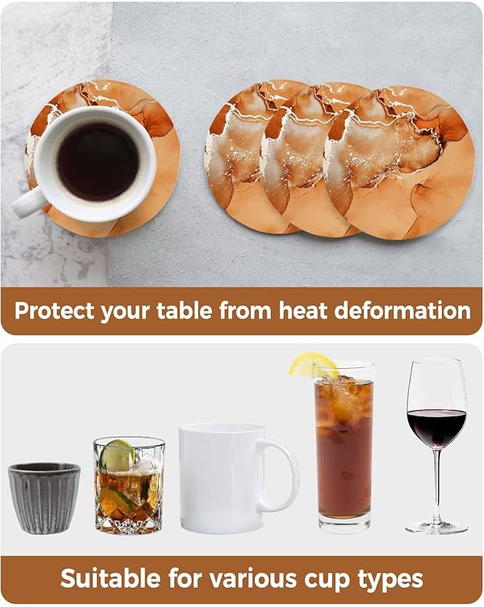 Coasters Set of 8 Orange Marble Drink Coasters with Holder Absorbent Stone Ceramic Cup Mat Abstract Waves Cloud Coaster for Drinks Coffee Bar Office Kitchen Cafe Home Table Decor