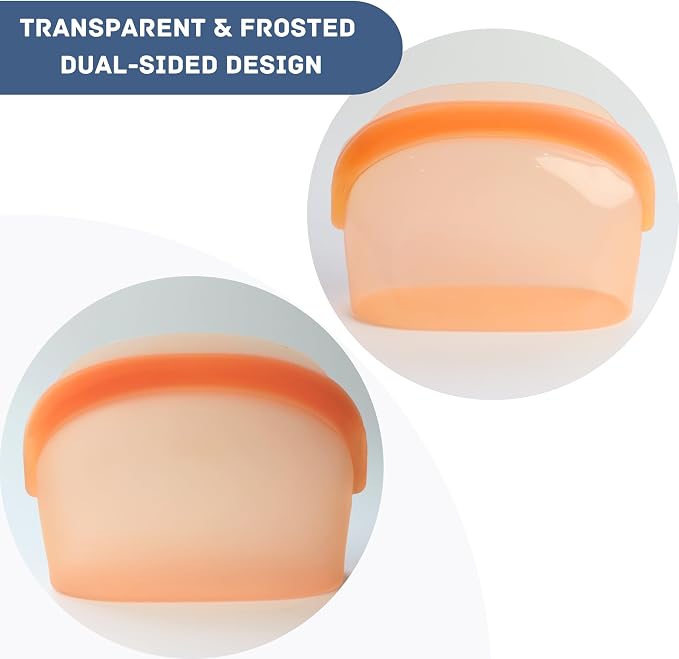 Platinum Silicone Reusable Food Storage Bags 34oz/17oz 2pcs,Blue/Orange Leakproof Seal Stand-Up Dishwasher & Microwave Safe, BPA Free, Silicone Snack Bags