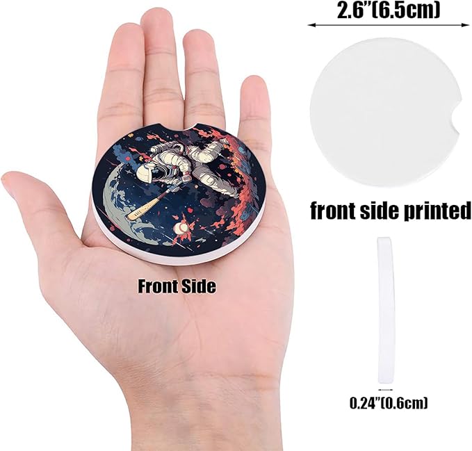 Car Coasters for Cup Holders 2.6" Dia Absorbent Coasters Set of 6 Car Interior Accessories for Women Men Ceramic Car Coaster for Drinks with Finger Grooves,Watercolor Astronaut Baseball Theme Black