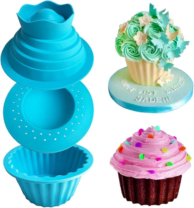 Mattix Supplies Giant Cupcake Mold Pan | BPA Free Silicone | Big Birthday Smash Cake | Large Bake Set with Filling Insert, Turquoise