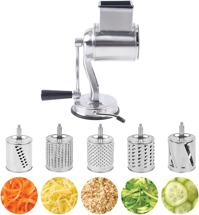 DYNAMI 5 in 1 Stainless Steel Rotary Grater,Kitchen Grater Vegetable Slicer,Cheese Rotary Chopper Food Mills With 5 Stainless Drum,for Home Kitchen Restaurant (Suction cup type, Not for Hard Cheeses)