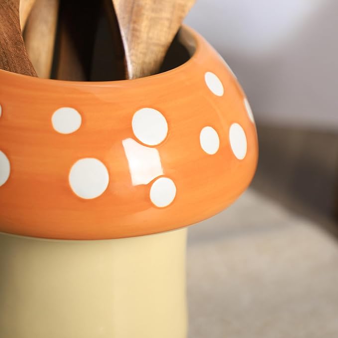 Mushroom Shaped Ceramic Kitchen Utensil Holder, Large Cooking Utensil Crocks for Kitchen Countertop, Ceramic Utensil Organizer for Spatula, Kitchen, Home Decoration-Brown