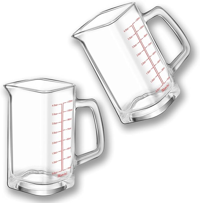 Square Shot Glass With Handle - Measuring Cup 4 Ounce/120ML - Liquid Heavy High Espresso Glass Cup - V-Shaped Spout (Red 2PCS)