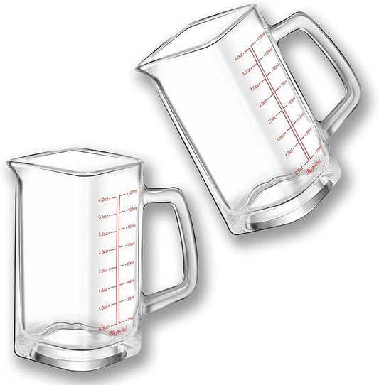 Square Shot Glass With Handle - Measuring Cup 4 Ounce/120ML - Liquid Heavy High Espresso Glass Cup - V-Shaped Spout (Red 2PCS)