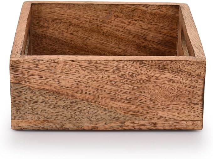 Samhita Square Burning Finish Mango Wood Napkin Holder For Restaurant Decor Kitchen Bar Accessories (7.5"x 7.5"x 2.75")