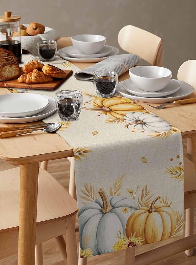 Fall Pumpkins Table Runner - 72 Inch Long, Grey Golden-yellow Pumpkin Thanksgiving Dining Table Runner Dresser Scarves, Maple Leaf Farm Harvest Decor for Coffee Table Wedding Party Banquet, 18x72 in