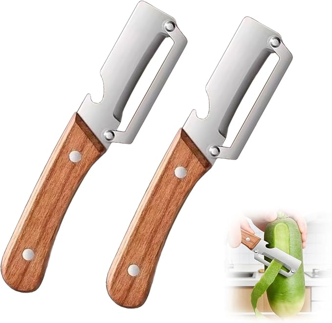2PCS Multi-Functional Vegetable Peeler for Kitchen, Premium Vegetable Peeler with Wooden Handle and Bottle Opener, Multifunctional Vegetable Peelers Stainless Steel Blade Kitchen Tool