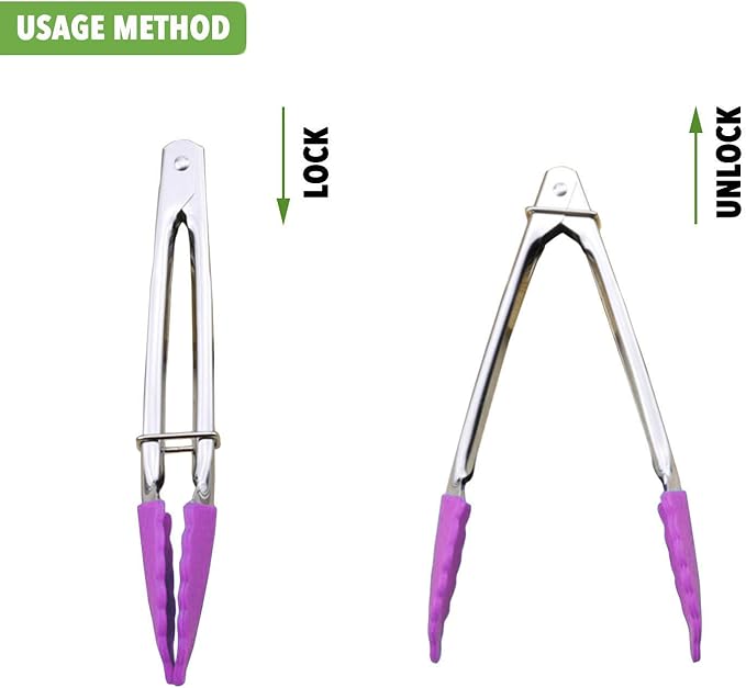 HINMAY 7-Inch Stainless Steel Tongs with Silicone Tips Locking Metal Food Tongs, Set of 3 (Purple)
