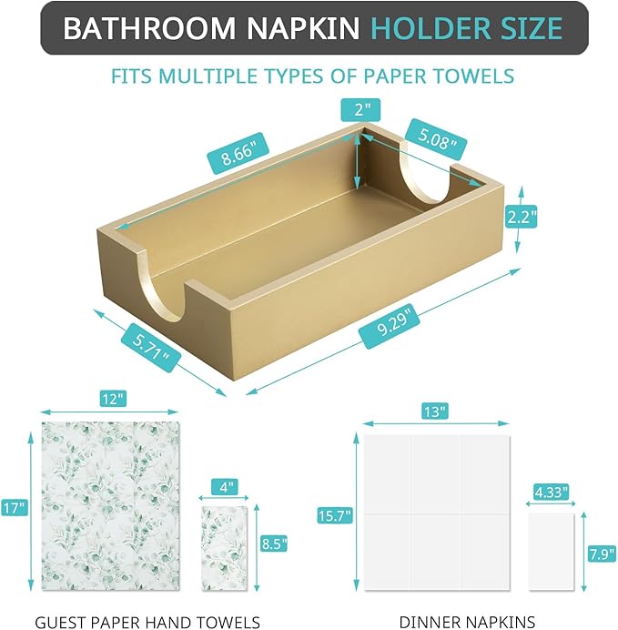 Gold Napkin Holder for Bathroom, Wooden Guest Towel Holder Tray for Bathroom, Disposable Paper Hand Towel Holder for Bathroom Accessories, Dinner Napkin Holder for Kitchen Table Party