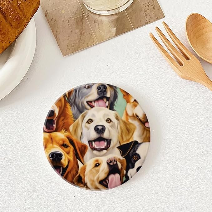 Ceramic Stone Coasters for Drinks Set of 1, Happy Dogs with Smiling Faces Round Absorbent Cup Coasters Protection for Coffee Table Kitchen Counter Decor (4 * 4 Inch)