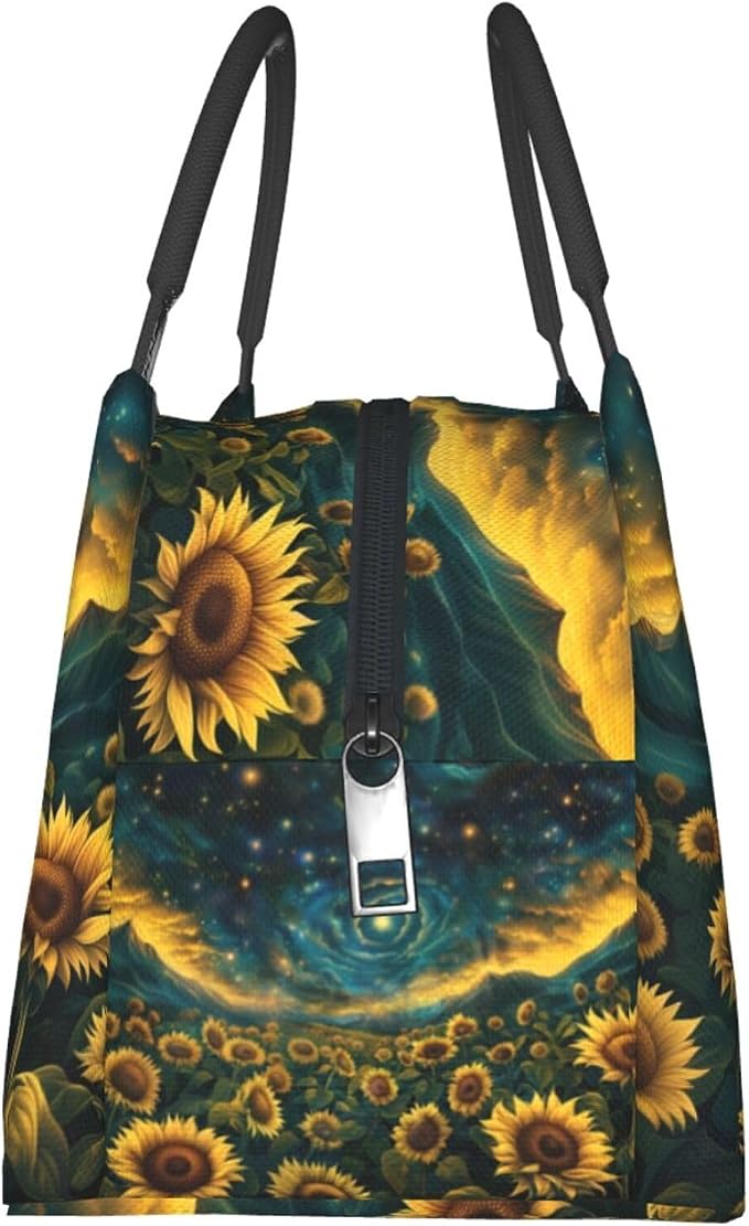 Sunflower Field Under Starry Galaxy Sky Lunch Box for Women Girls Adults Insulated Cosmic Swirl Clouds Lunch Bag for Work Picnic Travel Gifts Cooler Thermal Large Capacity Reusable Tote Makeup Bags