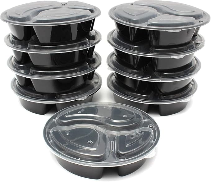 48oz - 3 Compartment - Disposable Black Bento Box with Clear Dome Lids - Round Plastic Meal Containers - Reusable Box : Perfect For Salad, Meal Prep and Fruits : Set of 100