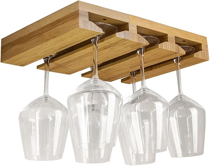 4 Sectional Under Cabinet Wood Wine Glass Rack，Hanging Shelf Stemware Rack Bar Organizer with Up to 1 Row 2 Wine Glass Storage(3 Rows)