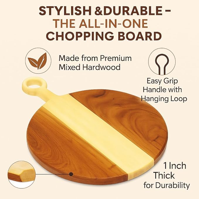 Cutting Board For Kitchen, Durable Wood Cutting Board with Handle Ideal for Chopping Vegetables, Fruits, Decorative Wooden Serving Board for Kitchen and Dining Room: 17.5"x12"