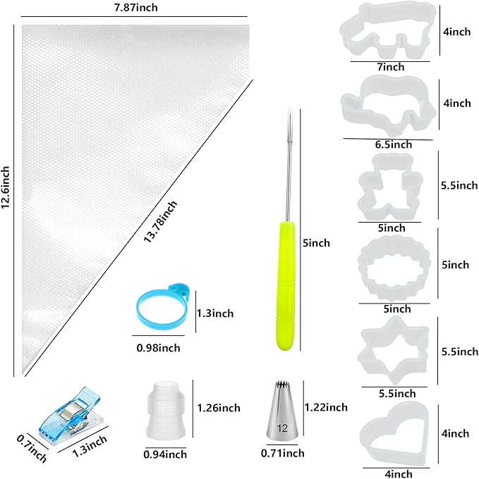 129Pcs Piping Bags and Tips Set - 100 12Inch Disposable Tipless Piping Bags for Royal Icing - Cake Decorating Baking Tools with 7 Frosting Tips, 10 Bag Ties, 2 Scriber Needle,6 Cookie Cutters