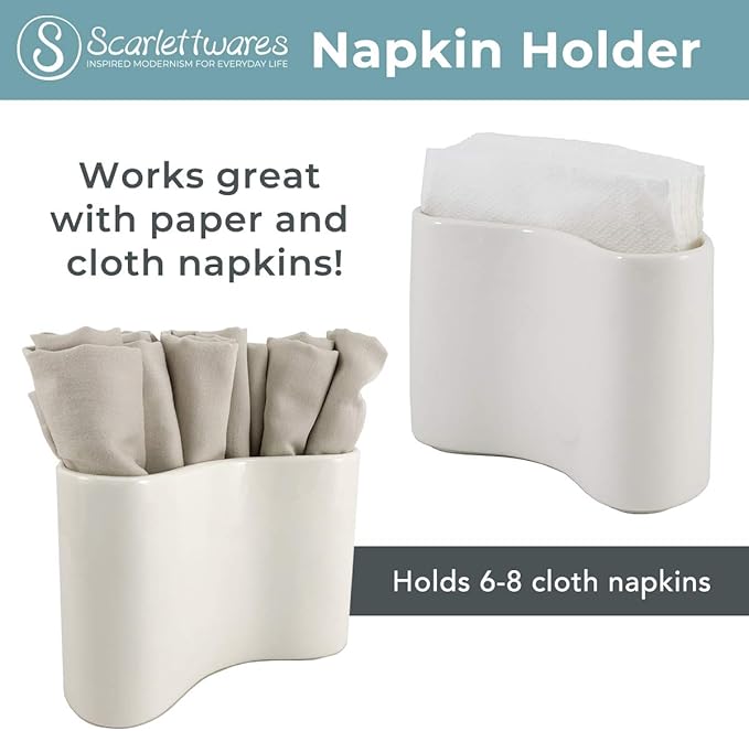 Scarlettwares Ceramic Napkin Holder For Table Kitchen Paper Linen Cloth Napkins Upright Stand Up Sturdy Stylish Modern Compact White Modern Farmhouse