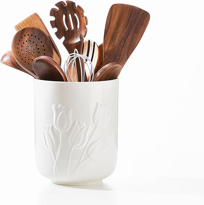 Tulips White Ceramic Utensil Holder Set, Large Kitchen Utensil Crocks – Modern Countertop Organizer for Cooking Utensils, Spatula, Spoons | Practical Kitchen Counter Decor