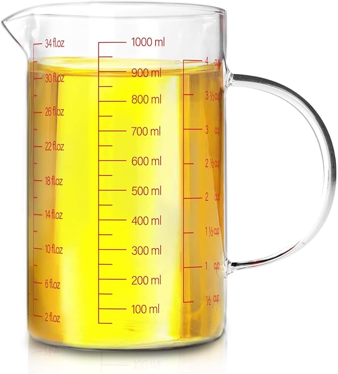 WhiteRhino Glass Measuring Cup,4Cup/1000ml/32oz Liquid Measuring Cups, Measuring Cup With Handle and V-Shaped Spout, Glass Beaker with Three Scales (OZ, Cup, ML), Dishwasher/Freezer/Microwave Safe