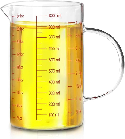 WhiteRhino Glass Measuring Cup,4Cup/1000ml/32oz Liquid Measuring Cups, Measuring Cup With Handle and V-Shaped Spout, Glass Beaker with Three Scales (OZ, Cup, ML), Dishwasher/Freezer/Microwave Safe