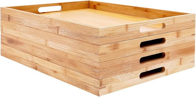 Large Bamboo Serving Tray with Handles, 4 Pack18 * 13 in Wooden Dinner Tray, Rectangular Wooden Breakfast Tray, Dinner Tray Decorative Coffee Tea Platter for Living Room Bedroom Kitchen