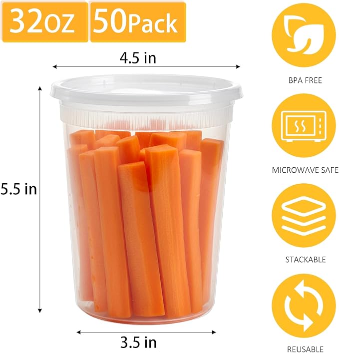 Lawei 50 Pack 32 oz Deli Containers with Lids - Leak-Proof Plastic Food Storage for Meal Prep, Soup and Leftovers - Microwave, Dishwasher and Freezer Safe To Go Containers, BPA-Free
