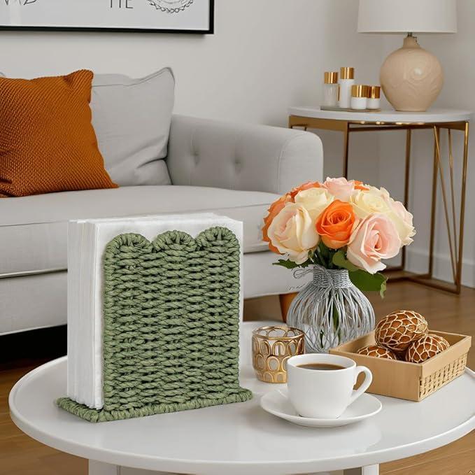 CubesLand Scalloped Edge Napkin Holder for Table Home Rustic Room Decor, Standing Paper Rope Napkin Dispenser for Kitchen Dining Hotel, Cocktail Napkin Holder for Indoor & Outdoor Party, Green