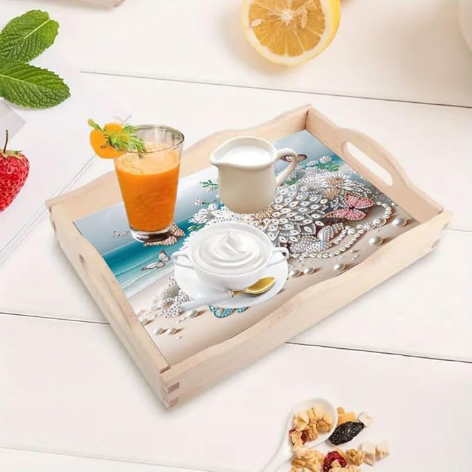 DIY Diamond Serving Tray Diamond Art Painting Creative Design Handmade Wooden Tray Dinner Plate for Coffee Breakfast Home Organizer-Beach Flowers