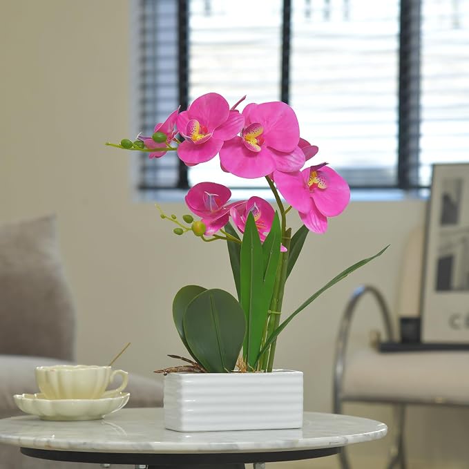 Artificial Real Touch Orchid Flowers in Pot Fake Phalaenopsis Flower with White Ceramic Vase Faux Orchids Arrangement for Home Table Office Wedding Party Decoration (Purple Red)