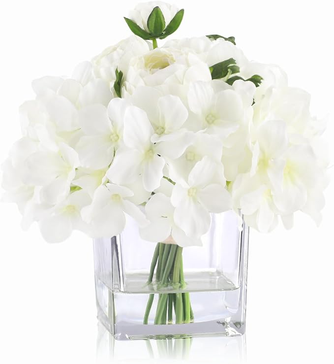 WELL KNOWN Fake Flowers in Vase, White Hydrangea Ranunculus Artificial Flowers with Vase, Silk Floral with Faux Water Arrangement Centerpiece for Office Dining Table Home Wedding Decor & Mom's Gift